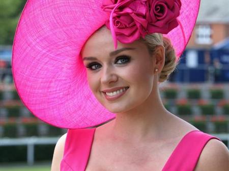 Katherine Jenkins wearing a pink hat for Ascot Hats day