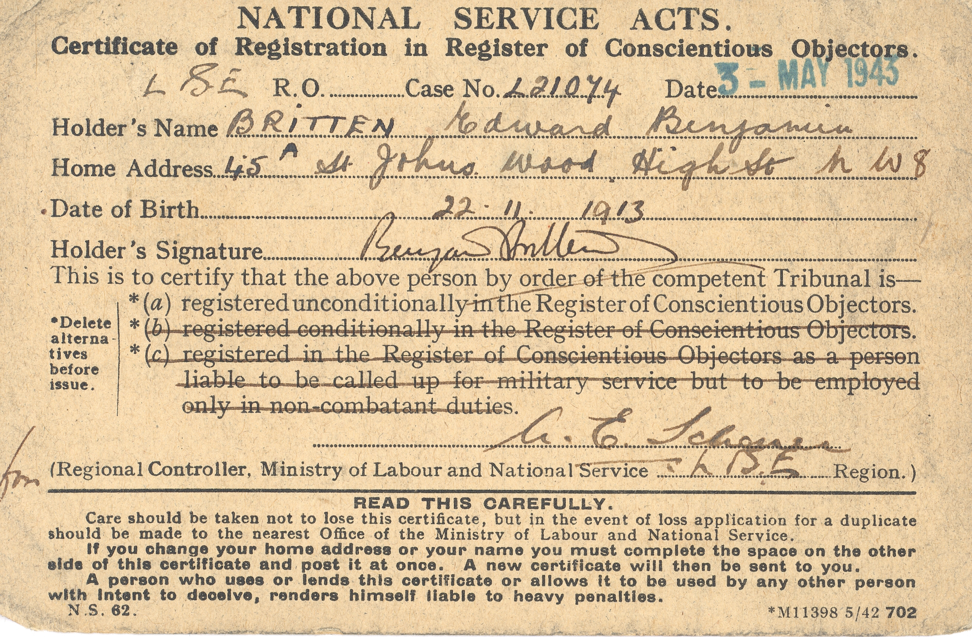 Benjamin Britten conscientious objector certificat