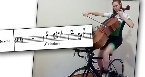 cellist on exercise bike