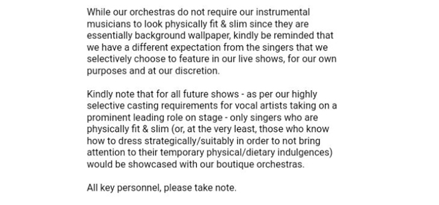 Fat shaming email Toronto orchestra