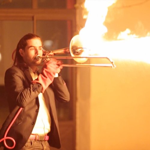 Man invents a flame-throwing trombone that shoots