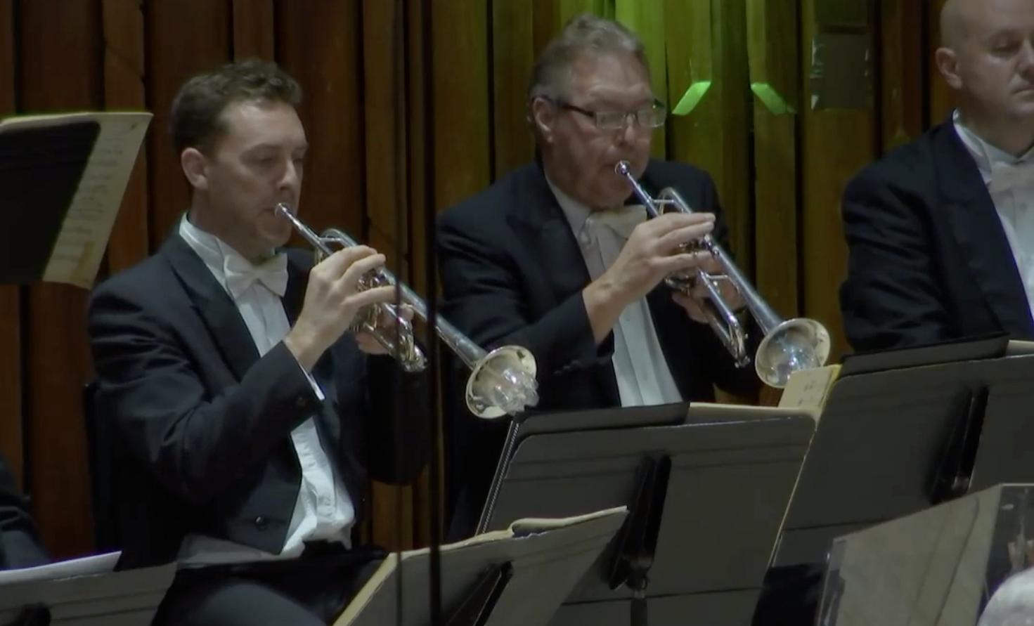 London Symphony Orchestra trumpeters play with pla